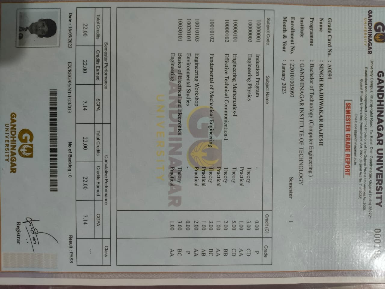 Semester 1 marksheet preview