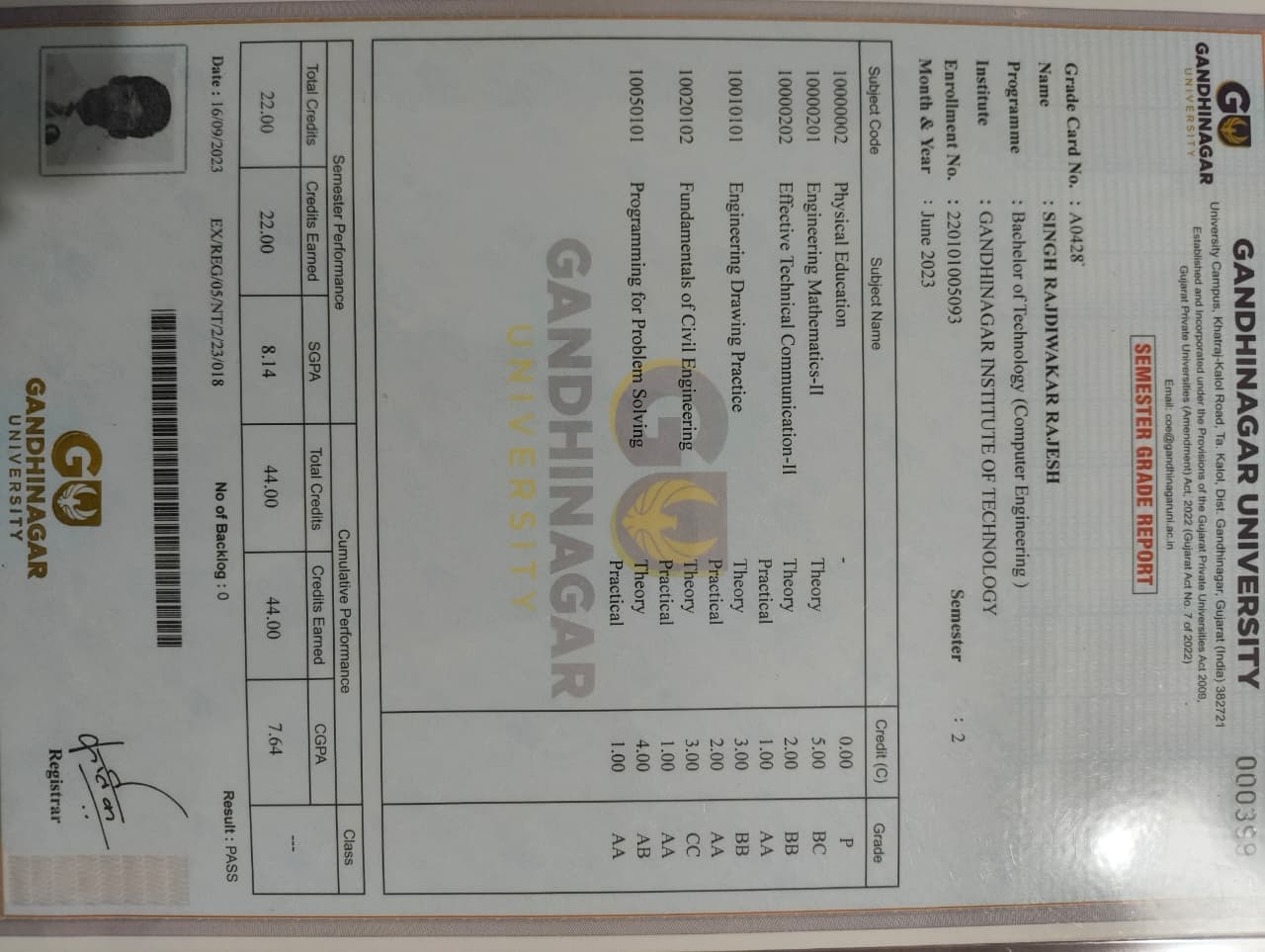 Semester 2 marksheet preview