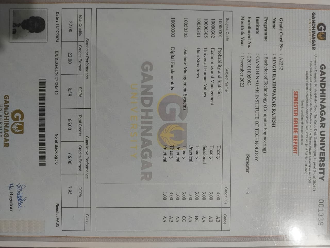 Semester 3 marksheet preview