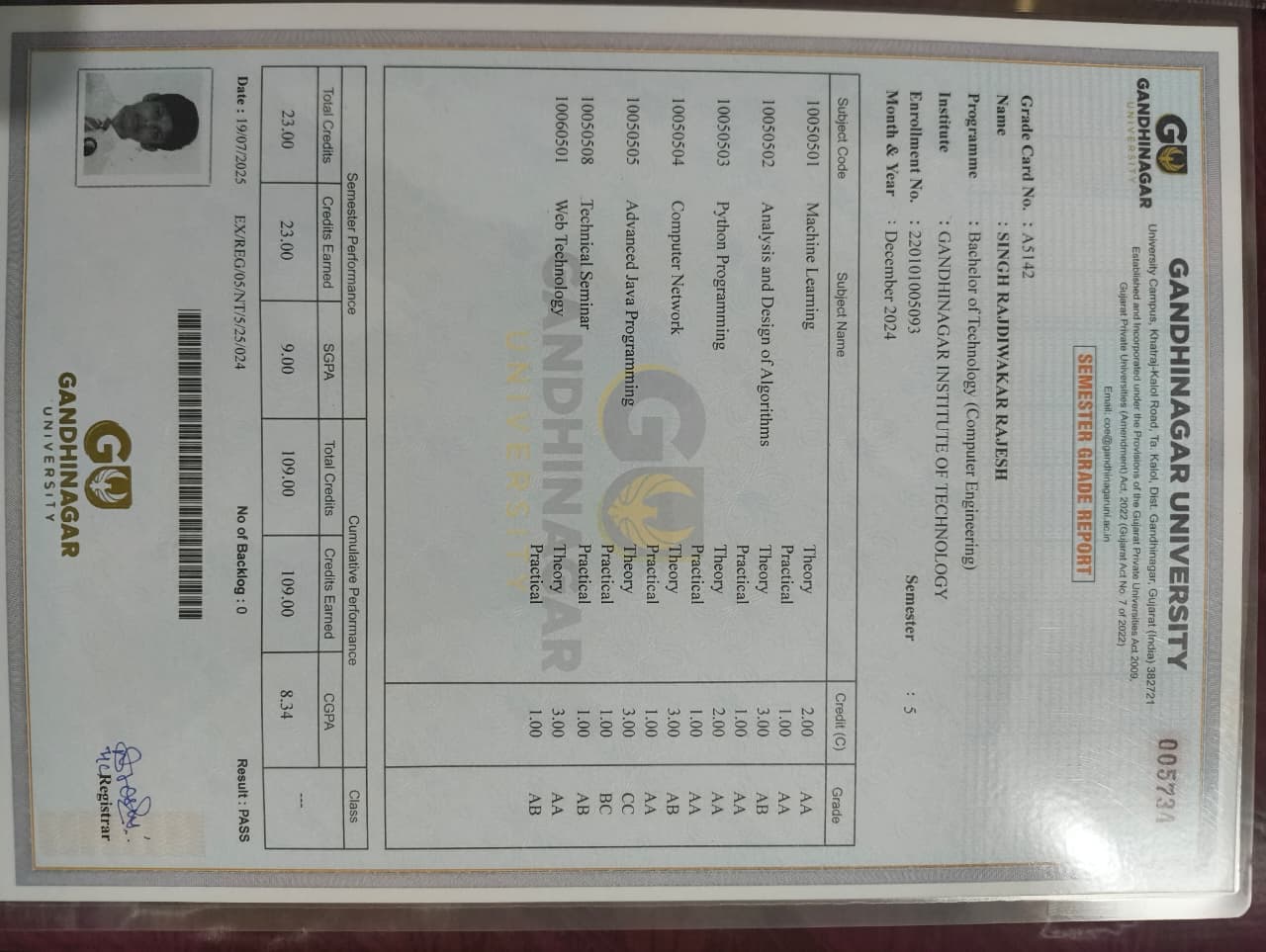 Semester 5 marksheet preview