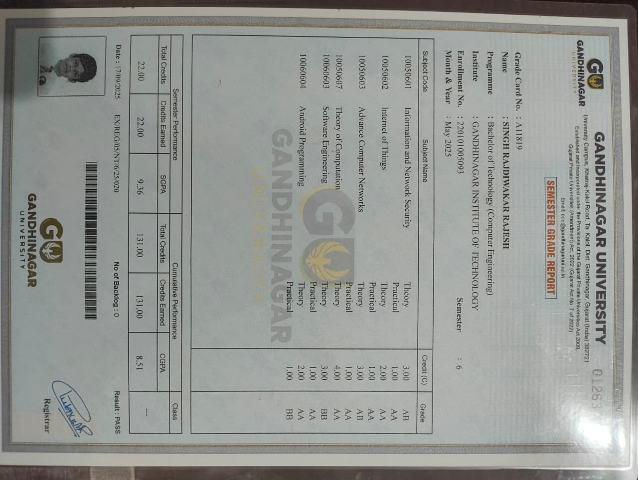 Semester 6 marksheet preview