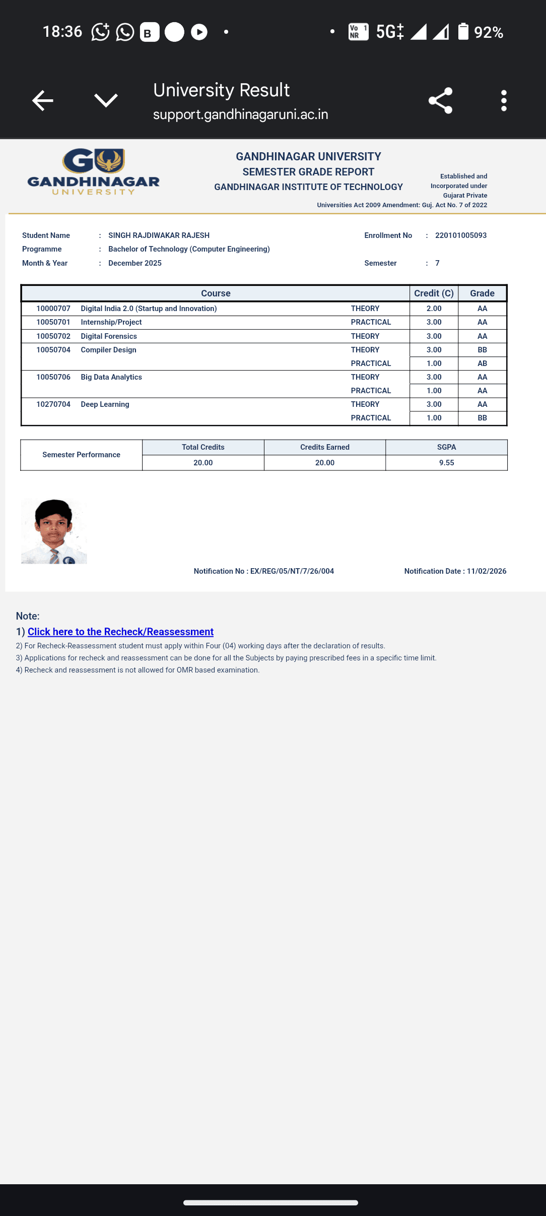Semester 7 marksheet preview