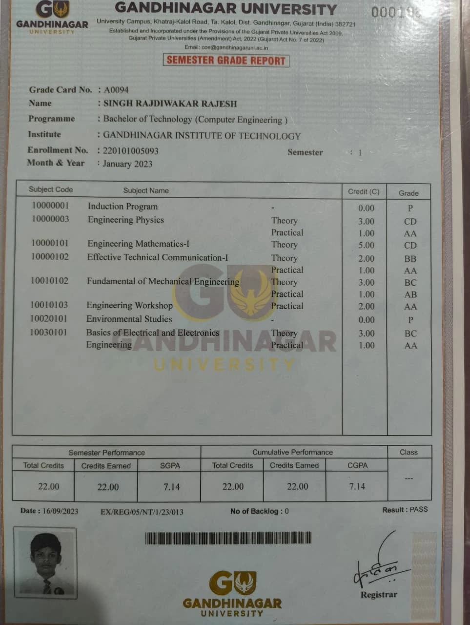 Semester 1 marksheet preview