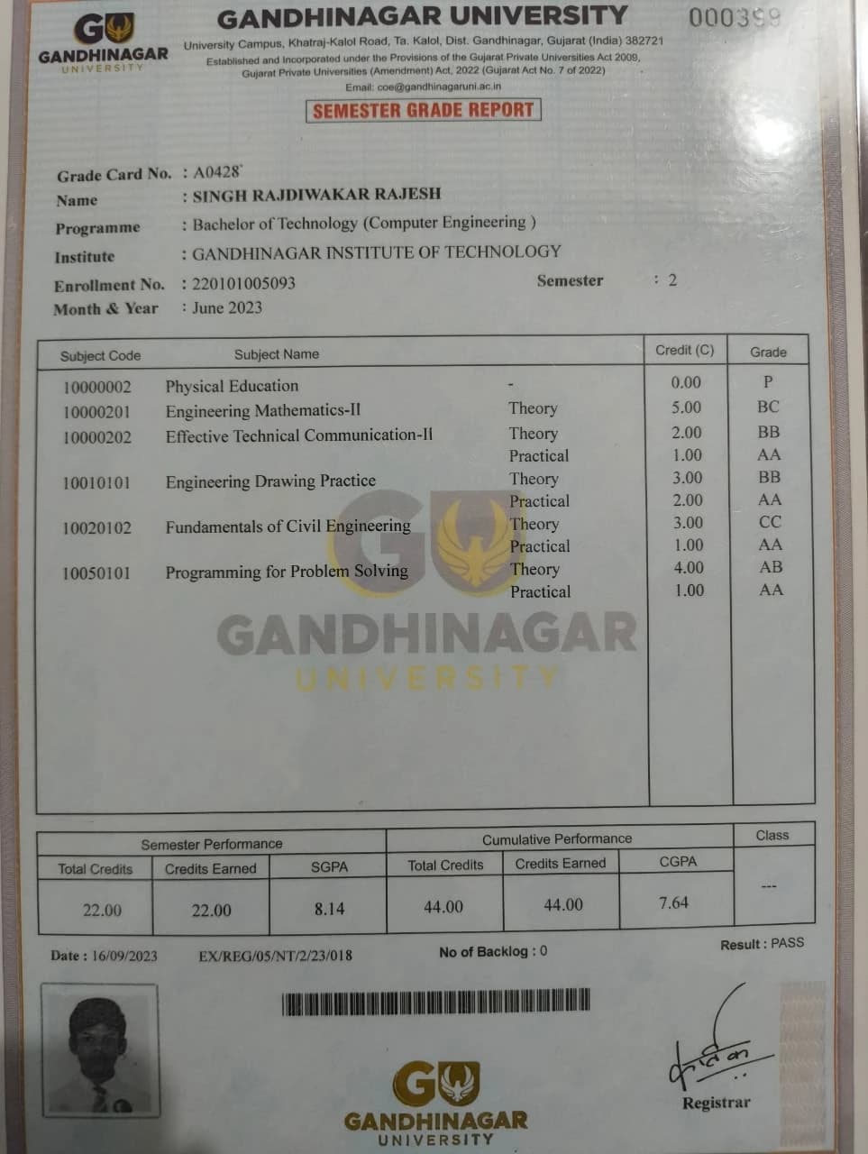 Semester 2 marksheet preview