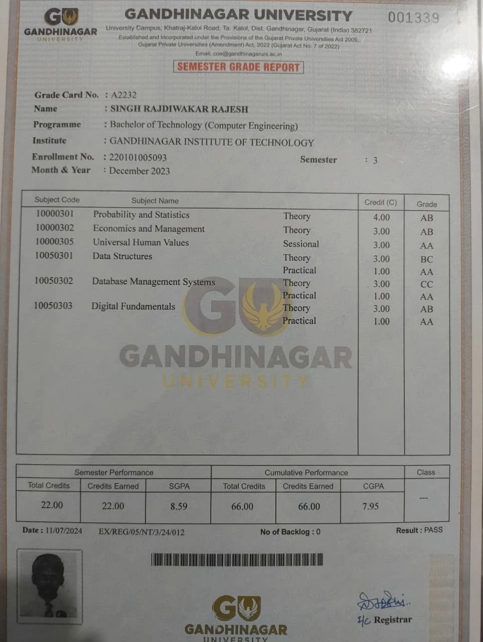 Semester 3 marksheet preview