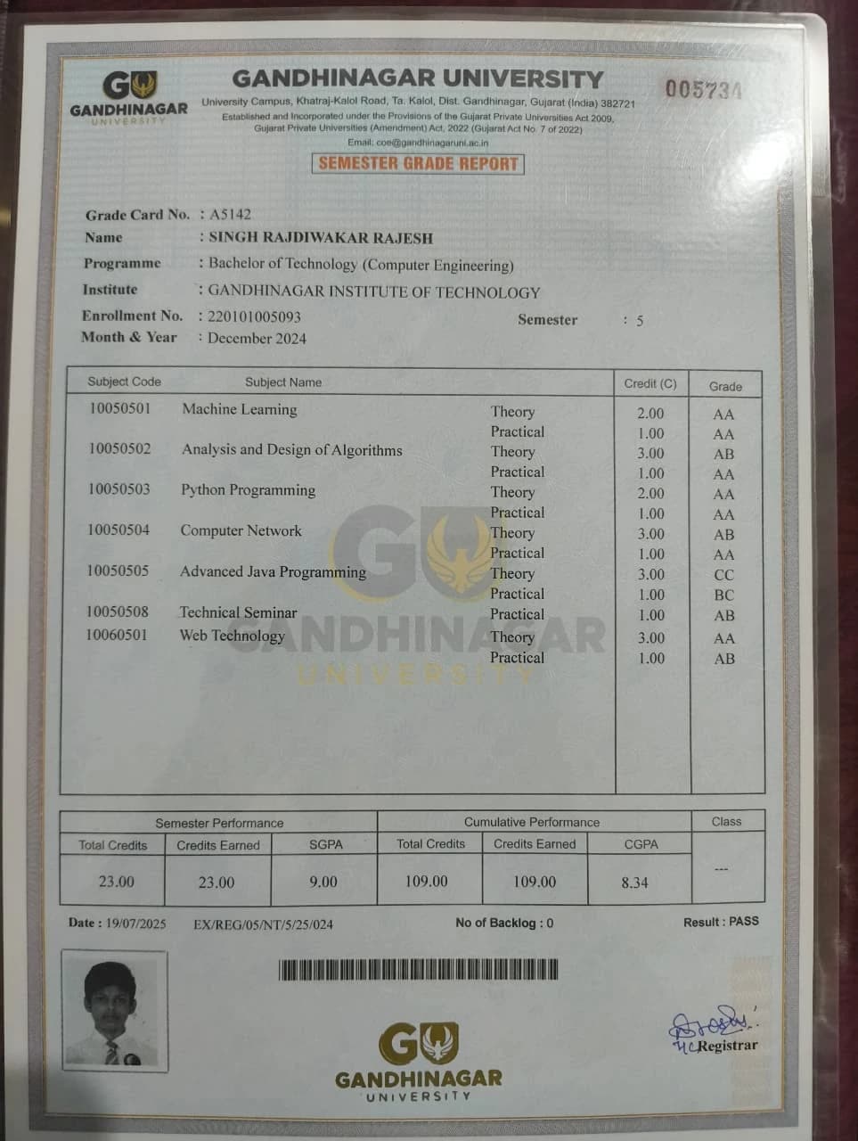 Semester 5 marksheet preview