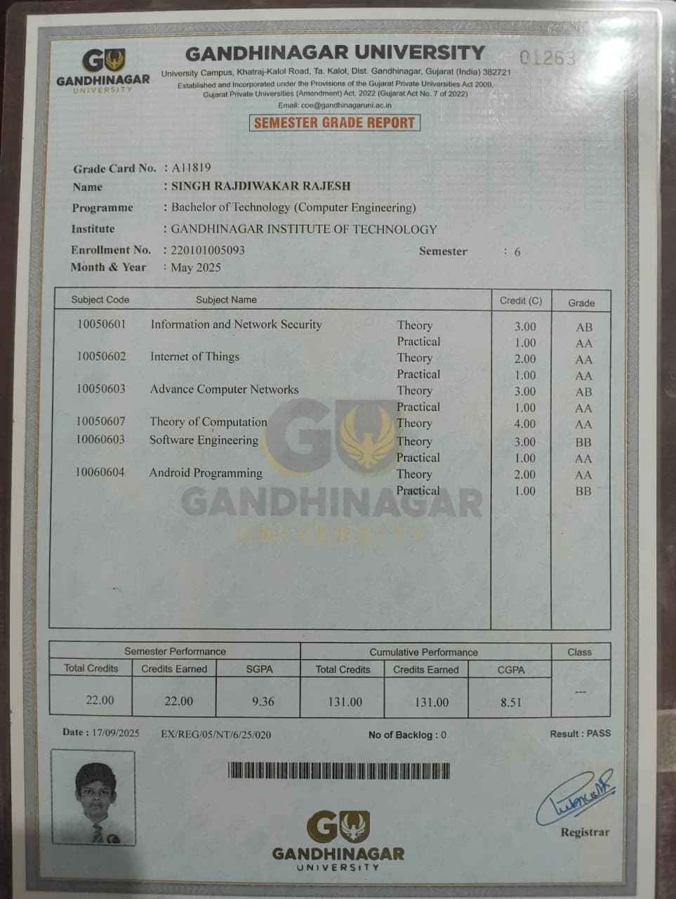 Semester 6 marksheet preview
