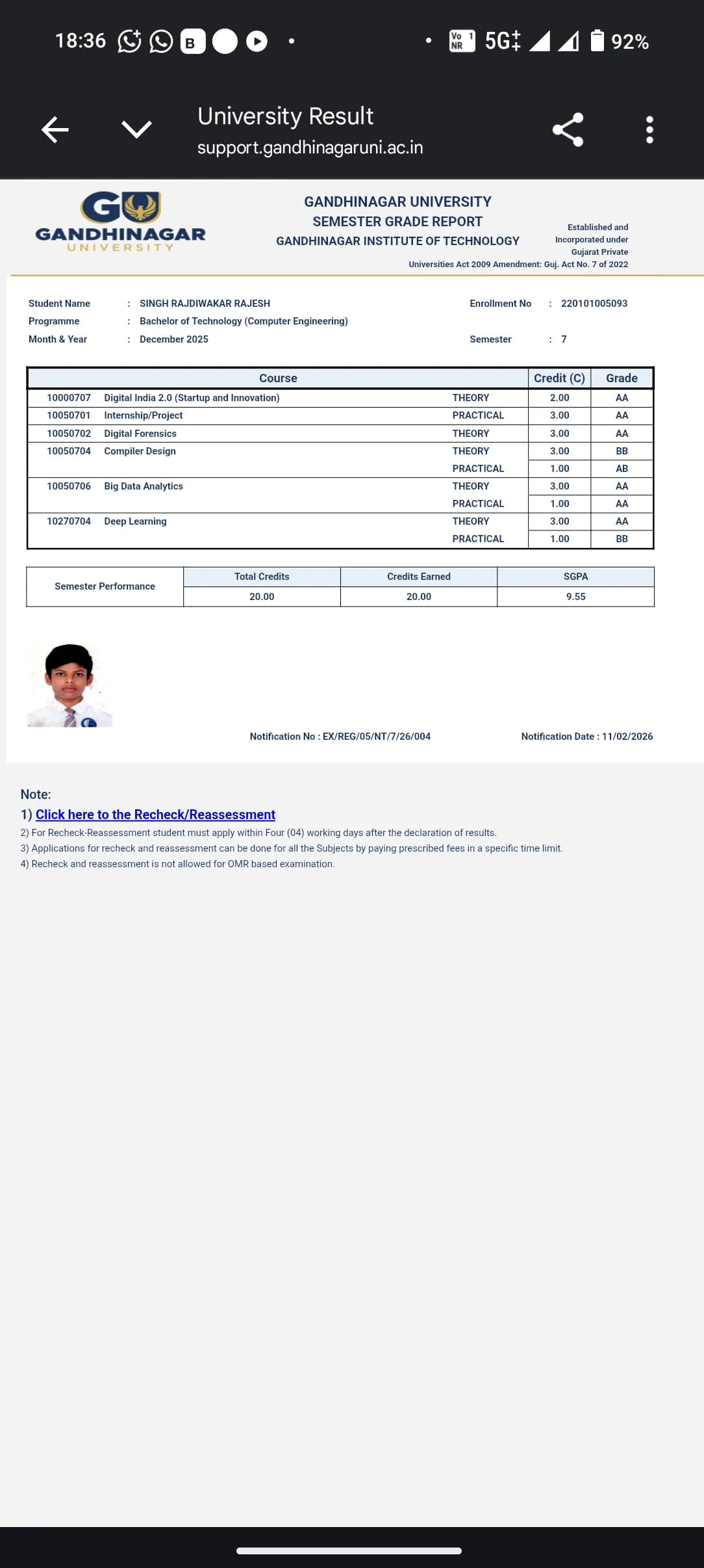 Semester 7 marksheet preview